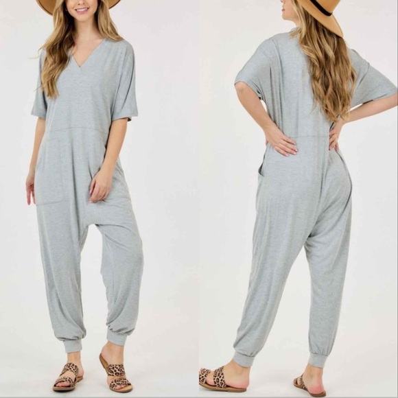 Comfy V-Neck Jumpsuit ONESIE with Pockets and Harem Cut Bottom - ROSE - Picture 2 of 2
